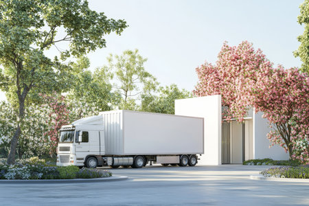 White truck in front of a white container house with trees and flowers in minimalist designの写真素材