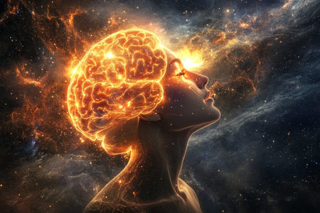 A stunning woman gazing at the cosmic sky with a glowing brain and abstract starry light display
