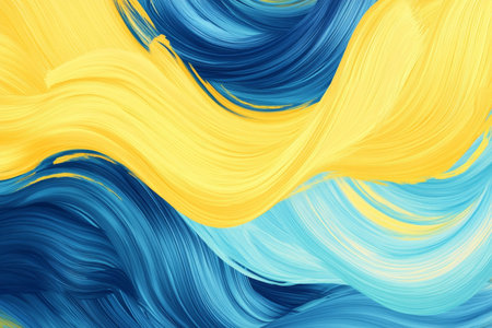 Vibrant abstract waves in yellow and blue summer inspired brush stroke pattern for textilesの写真素材