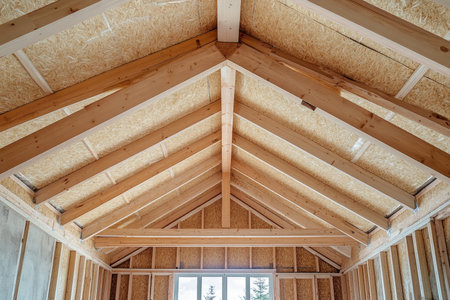 Modern wooden house with timber frame roof, beige insulation, and interior design.の写真素材