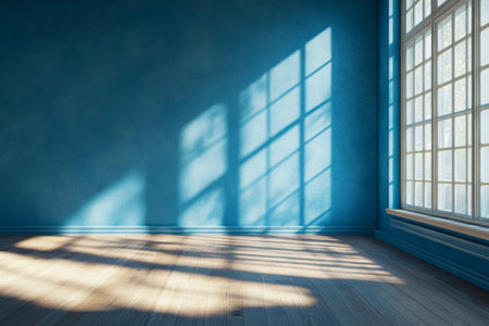 A bright blue room with wooden flooring and sunlit shadows in a detailed 3d renderingの写真素材