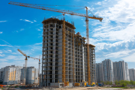 Urban development in russia new residential complex under construction with workers and cranes