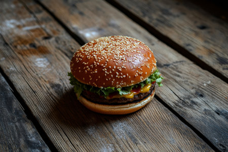 Delicious burger with fresh vegetables and legumes on rustic wooden backgroundの写真素材