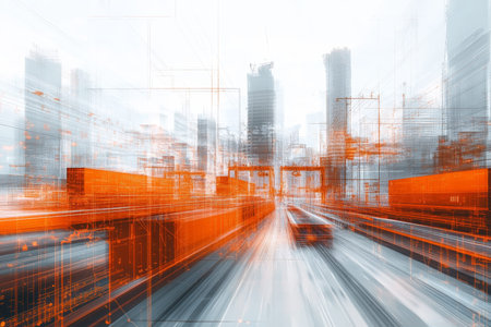 Abstract digital art of cargo ships and trains intertwined with urban architecture and data networksの写真素材