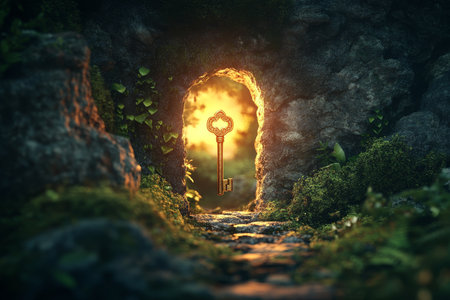 Mystical ancient key illuminates tunnel entrance in enchanted forest at twilightの写真素材