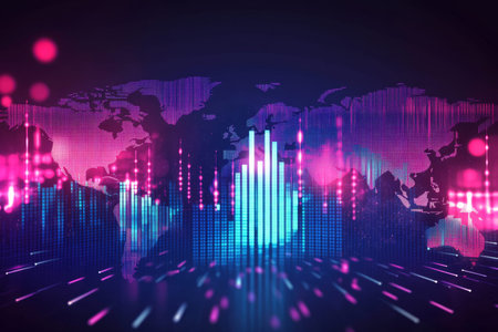 Abstract world map with neon blue and pink equalizer bars for business and media design concepts