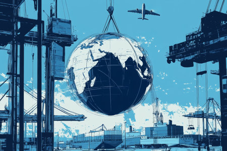 Modern vector art of cargo ships, airplanes, and a glass globe on a blue background designの写真素材