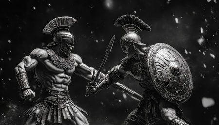Epic battle scene of two spartan warriors in combat showing detailed armor and weaponsの写真素材