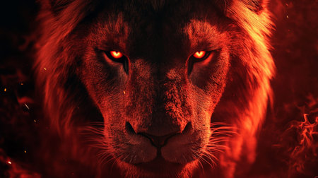 Majestic red lion with fiery eyes against a dark background in stunning fantasy style illustration