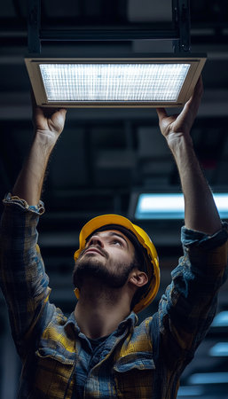 Worker installing new led ceiling panel light in office a step by step process overviewの写真素材