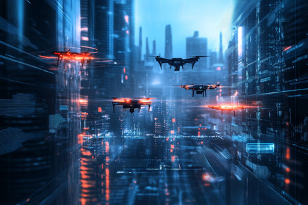 Futuristic digital cityscape featuring drones and holographic data streams in urban transportationの写真素材