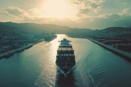 Aerial perspective of a contemporary container vessel in a bustling seaport and cargo terminal