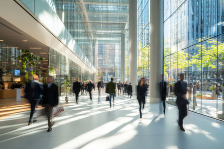 Motion blur of business professionals in modern office building with glass windows and city lifeの写真素材