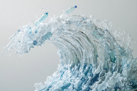 Ocean wave made of plastic bottles a hyper realistic illustration of environmental concernsの写真素材