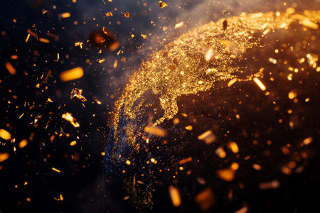 Fragmented earth in an explosive abstract scene with golden elements against a dark backgroundの写真素材