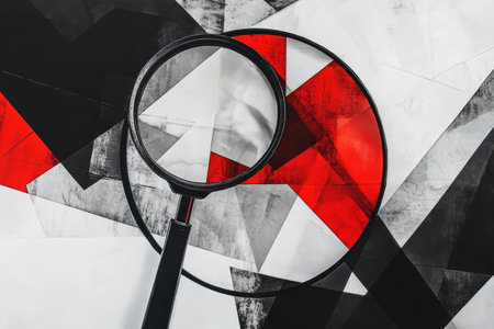 Modern abstract collage featuring a magnifying glass with black and white shapes and red accentsの写真素材