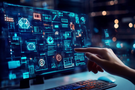 Hand interacting with computer displaying icons of online education and digital technology conceptsの写真素材