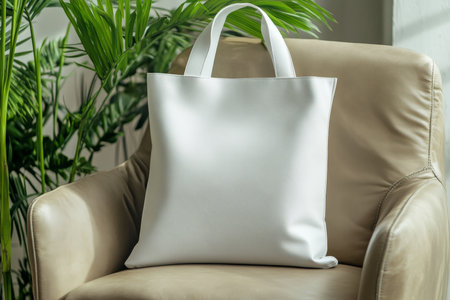 White leather tote bag mockup on chair in minimalist interior with green plant for design showcaseの写真素材