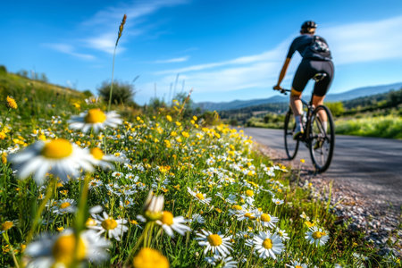 Spring bicycle ride through a blooming meadow vibrant daisies and scenic mountain landscape