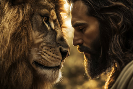 Epic encounter Jesus and a lion in a cinematic photorealistic scene with natural lightの写真素材