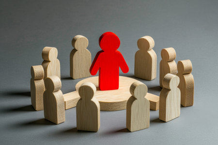 Wooden figures in circle surrounding a red figure symbolizing teamwork and leadership dynamicsの写真素材