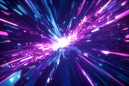 Vivid cyberpunk explosion dynamic rays and shattered glass in a futuristic neon landscapeの写真素材