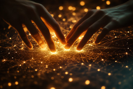 Abstract human connection illustrated through a social network with glowing digital links and icons