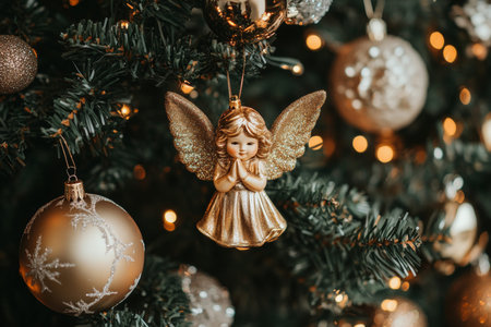 Golden angel ornament adorning evergreen tree with glimmering lights and softly blurred backgroundの写真素材