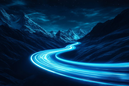 3d render of a glowing blue light trail shaped like a road winding through mountain ranges at nightの写真素材