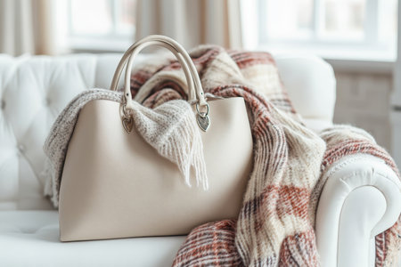 Stylish beige handbag with scarf on white sofa, cozy winter aesthetic and fashion photographyの写真素材