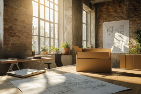 Interior of modern loft apartment with boxes on the floor. Design concept. 3D Renderingの写真素材