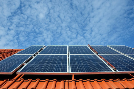 Solar panel installation on roof of home in germany under clear blue sky with red tile design