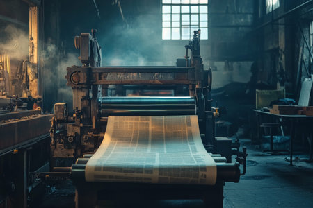Vintage printing press working in newspaper factory with dark tones and ample space for display