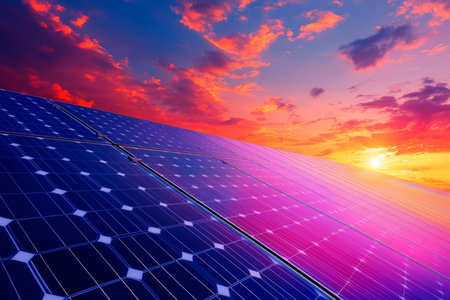 Close up of a solar panel at sunset capturing sustainable energy with photovoltaic technologyの写真素材