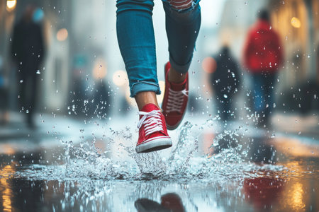 Close up of feet in red shoes splashing through urban puddles on a sunny day with passersbyの写真素材