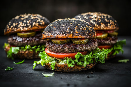 Three gourmet beef burgers with pickled veggies and fresh greens on dark background for diner menuの写真素材