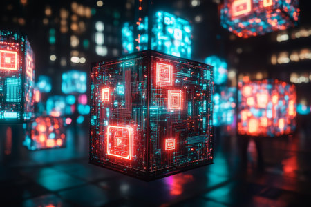 Illuminated futuristic cubes with circuit patterns and data streams amidst a blurred cityscapeの写真素材