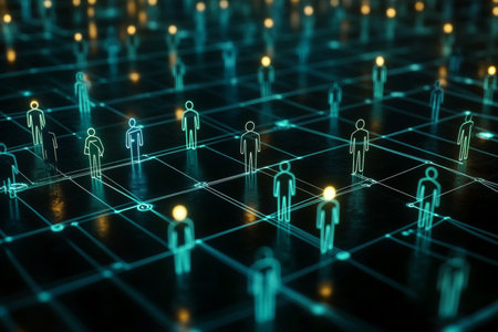 3d network connection with people icons on dark blue abstract technology backgroundの写真素材
