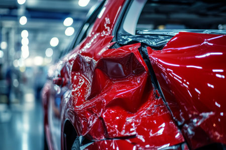 Close up of a new red car accident on a production line in a modern urban transportation factoryの写真素材
