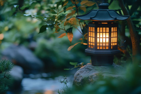 Evening garden lantern illuminates beautiful landscape design with soft shadows and clean focusの写真素材