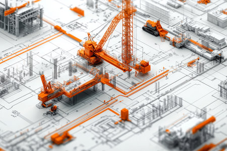 Aerial view of industrial blueprints featuring orange construction equipment and intricate designsの写真素材