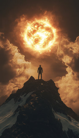 A man on a mountain gazes at the sun under a dramatic skyの写真素材