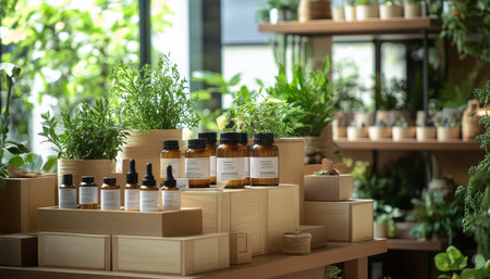 Natural beauty products elegantly arranged on wooden shelves surrounded by lush greeneryの写真素材