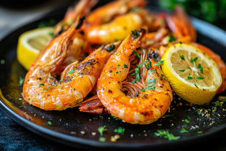 Close up of fried shrimp with lemon and herbs on dark plate perfect for seafood meal presentationの写真素材