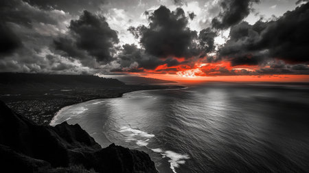 Aerial black and white photography of a red sunset over an island and dark cloudy horizon