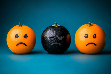Three oranges with sad faces on blue background a visual commentary on racism and discriminationの写真素材