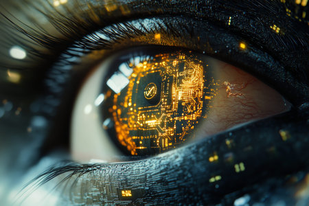 Futuristic close up of a human eye with digital circuitry and twin reflection in black and gold