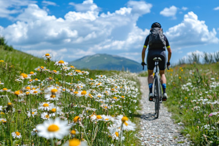 A scenic cycling day a cyclist on a mountain bike amidst green meadows and blooming flowers