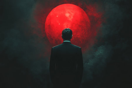 Mysterious man in suit under red moon a striking digital art portrait with cool tonesの写真素材