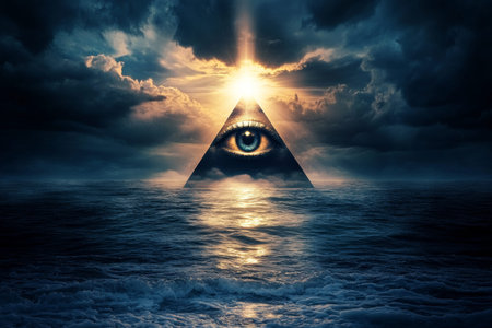 Illuminating eye within pyramid a realistic capture of light over ocean amidst dark clouds